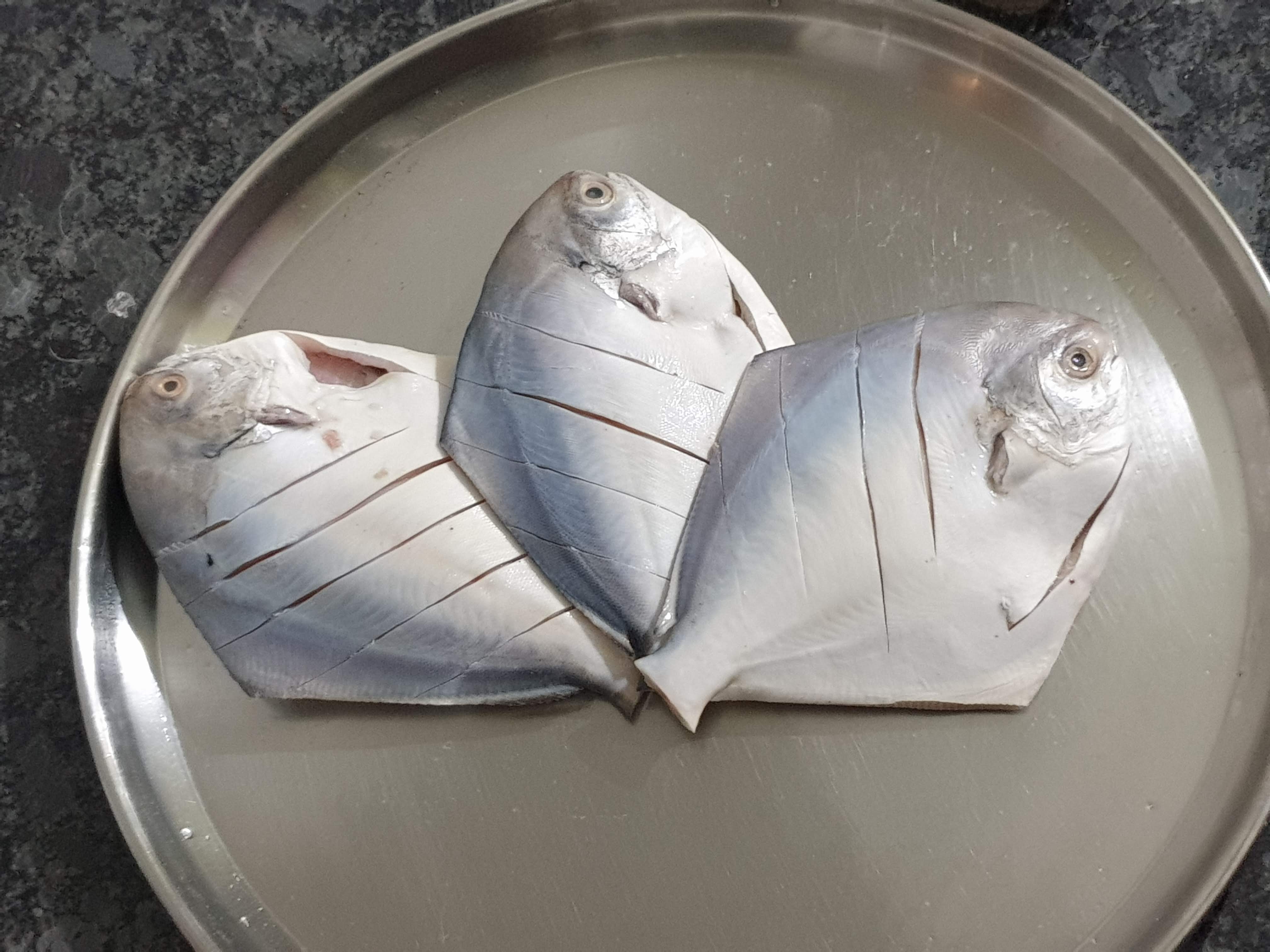 Silver pomfret fish photographed whole on a plain background